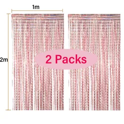 Silver Metallic Tinsel Fringe Curtains - Party Backdrop Decor (2-Pack) (Rose gold)