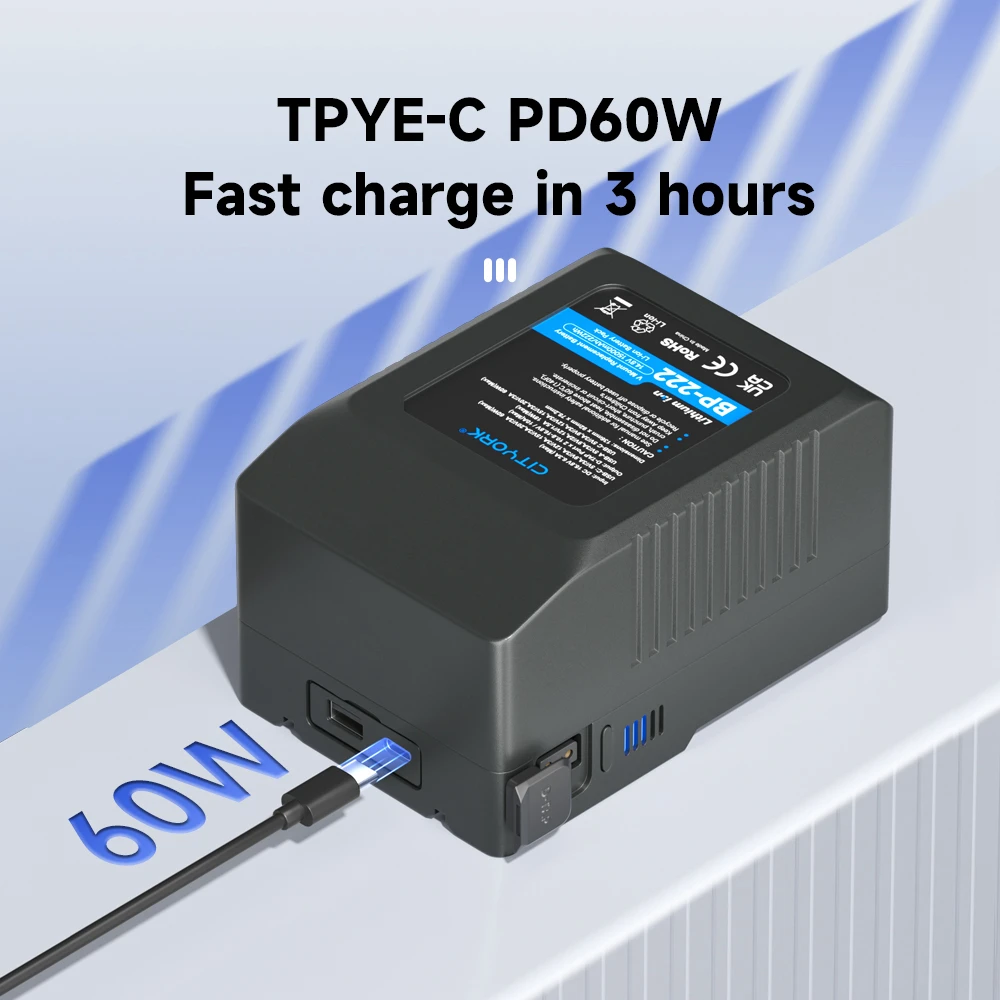 Cityork V Mount/Lock Batteria Bp 222 Con Porta Caricabatterie Usb Per Sony Camcorder Broadcast Led Video Light Blackmagic Ursa Mini Pro