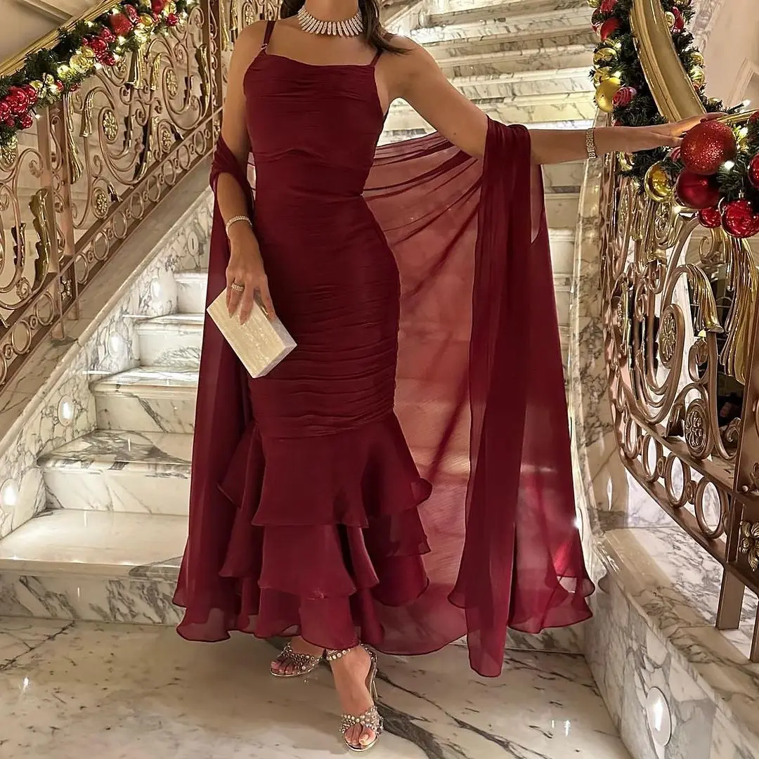 

Красные шифоновые платья-русалки для выпускного вечера длиной до щиколотки, вечерние платья на бретелях, женское официальное платье в Саудовской Аравии, коктейльные платья