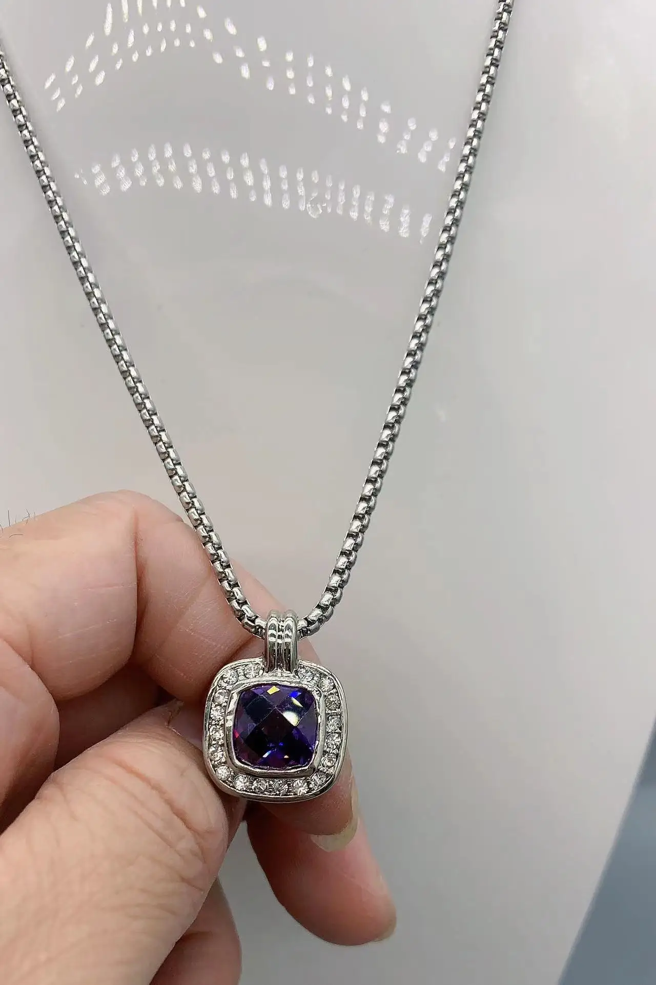 

Le Han Jewelry Silver Squar Purple Stone Pendant Neckalce With Clear Cubic Zirconia 16mm