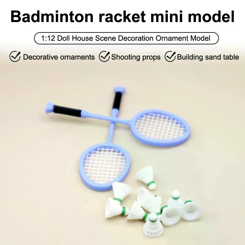 1Pair 1:12 Dollhouse Simulation Mini Badminton Racket Set Dollhouse Sports Scene Decoration Dolls House Pretend Play Toys