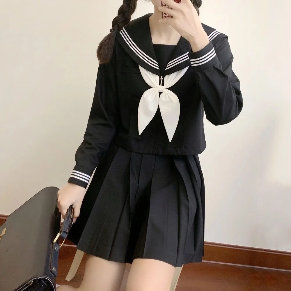 Japanese School Uniforms Style Student Girls Navy Costume Women Sexy Black JK Long Dress Suit Sailor Blouse Pleated Skirt Set japanese school uniform japanese schoolgirl skirt japanese women dress