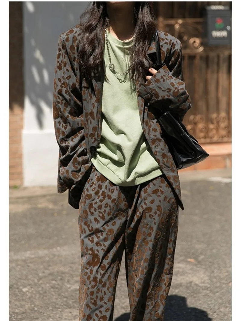 

Spring Autumn Fashion Casual Leopard Pattern Suit Coat Wide Leg Pants Two Piece Women's Street Long Sleeve Single Breasted