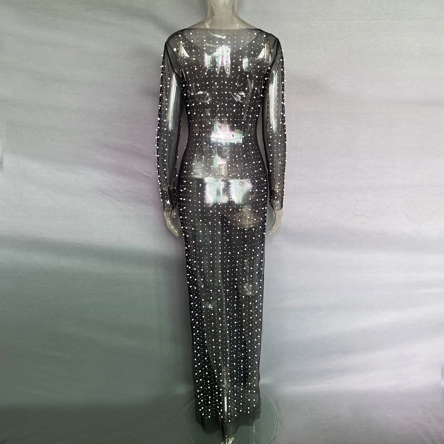 Vestido playero elegante de manga larga con perlas transparentes y decoración de diamantes para mujer, vestido playero liso dividido