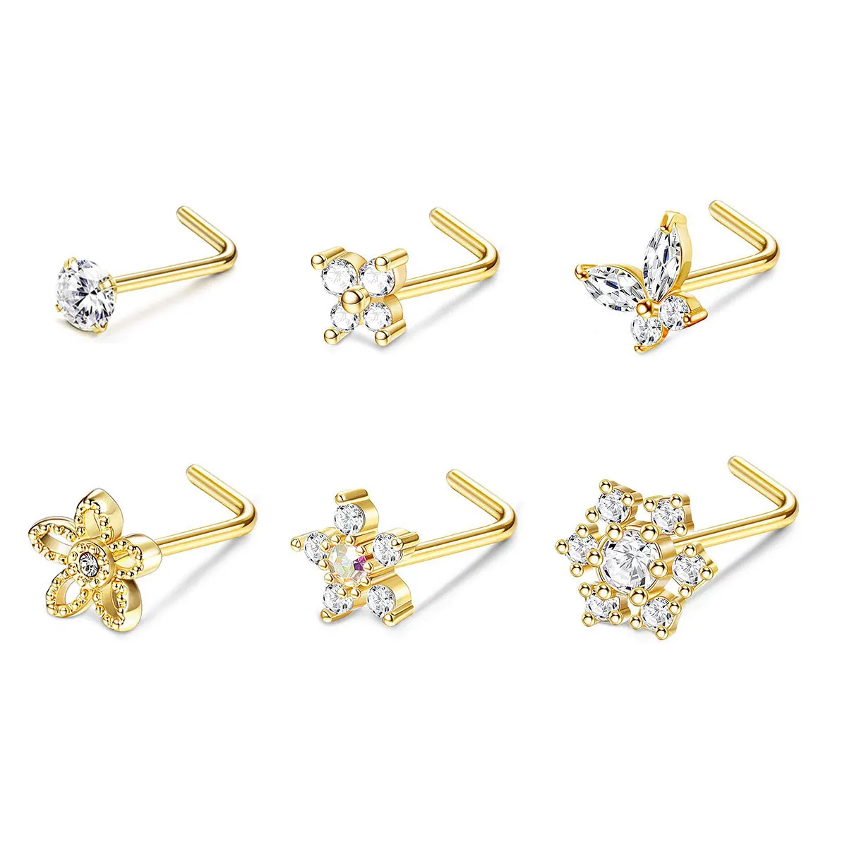 6 pieces of nose stud in different styles, daily fashion women's jewelry, inset with super flash AAA+ CZ zircon, wear length 7mm