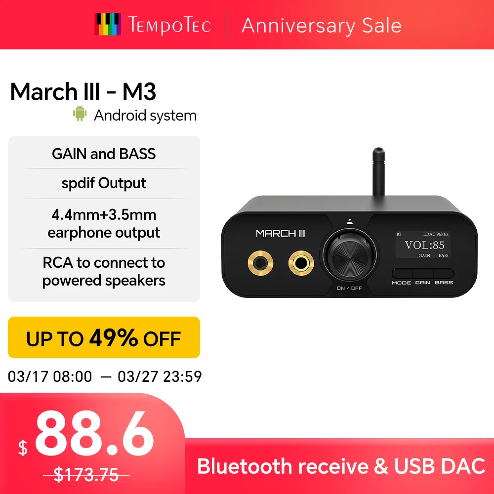 Templotec M3 Hifi Usb Dac,5.2 Dac Bluetooth, Amplificatore Per Cuffie 4.4Mm, Lunga Distanza Di Trasmissione, Ricevitore Audio Bluetooth, Dsd