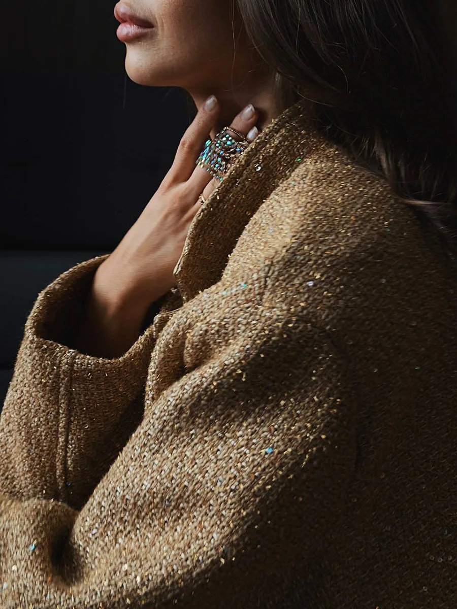 Black Sequin Fashion Outwear Female Loose Patchwork High Waist Long Sleeve Jacket Streetwear Solid Glitter Female Coat New