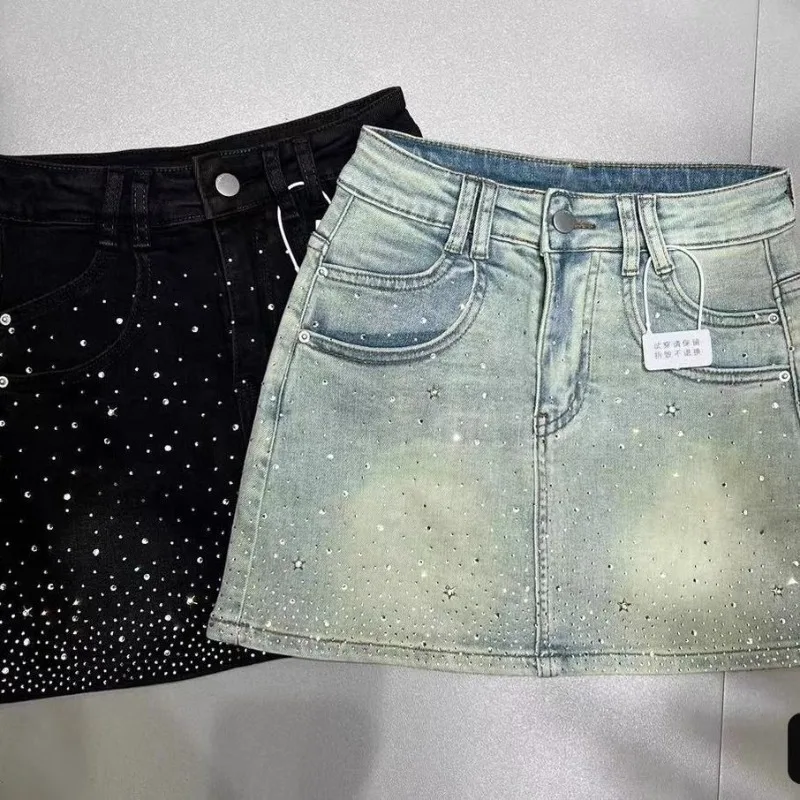Women 2026 Summer New Retro Slimming A-Line Sheath Denim Skirt Black Y2k Faldas Starry Hot Rhinestone Denim Skirt