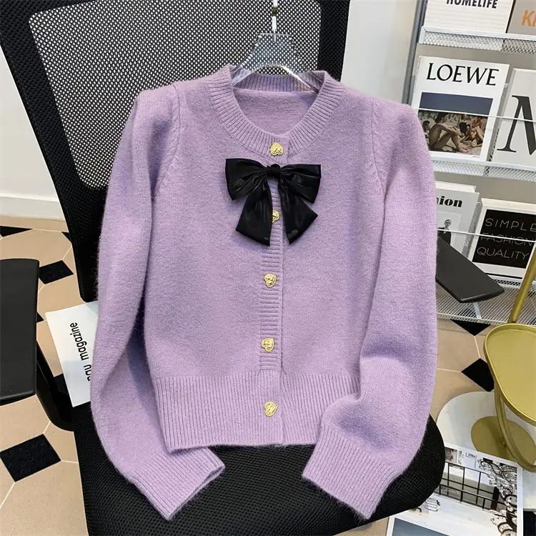 

Korean Sweet O-Neck Bow Cardigan Knitted Sweater Fashion Single-breasted Long Sleeves Women Preppy Style Tops U688