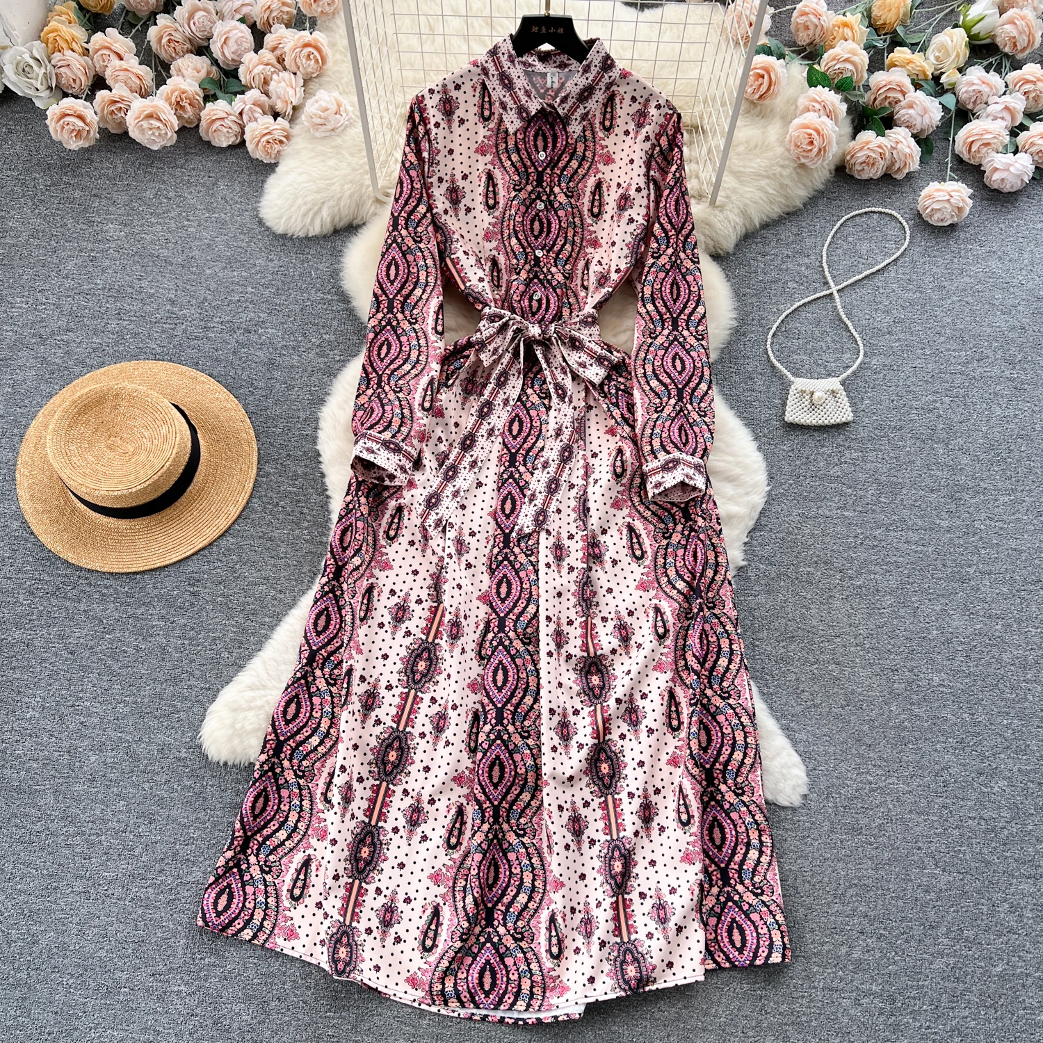 

Женское однобортное платье-трапеция, элегантное винтажное облегающее платье с принтом, отложным воротником и длинным рукавом, осень