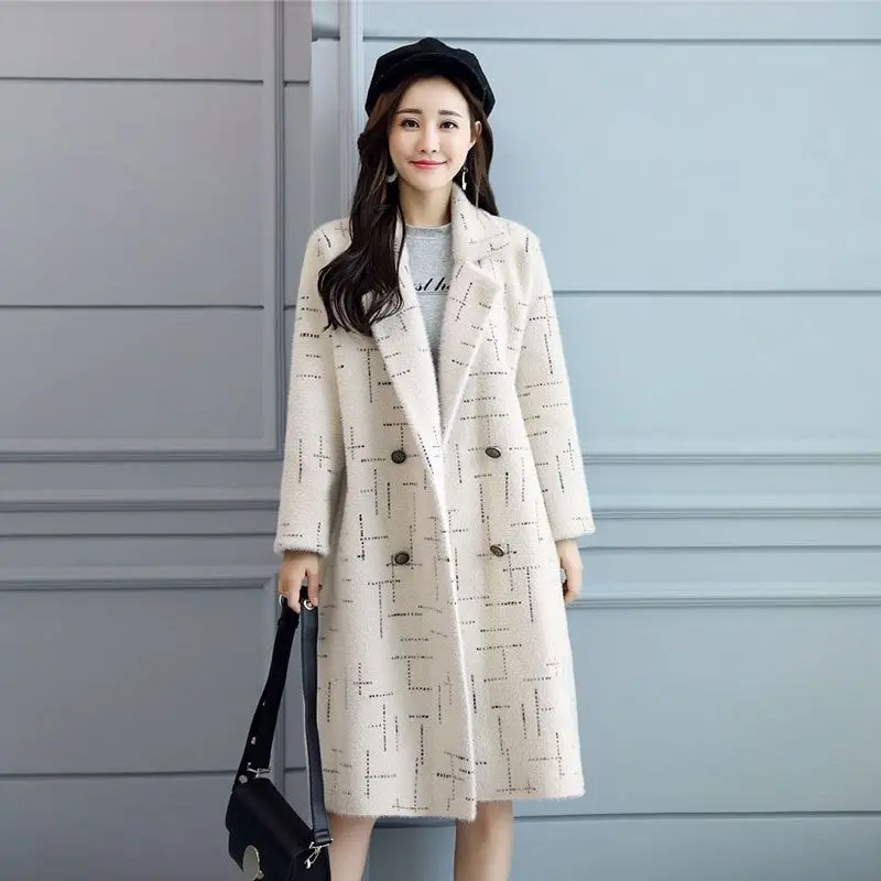 

2023 Women's Winter Loose Faux Mink Velvet Sweater Flocking Female Warm Knitted Cardigan Long Fur Overcoat Double Breasted T358
