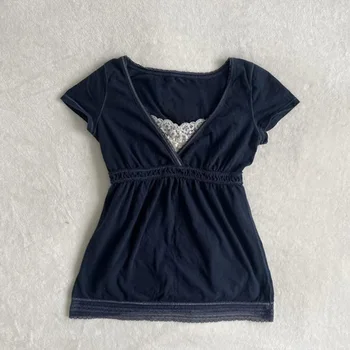 Solid color versatile T-shirt lace retro decoration punk Y2K crop top rock aesthetic slim high street urban casual women T-shirt 1