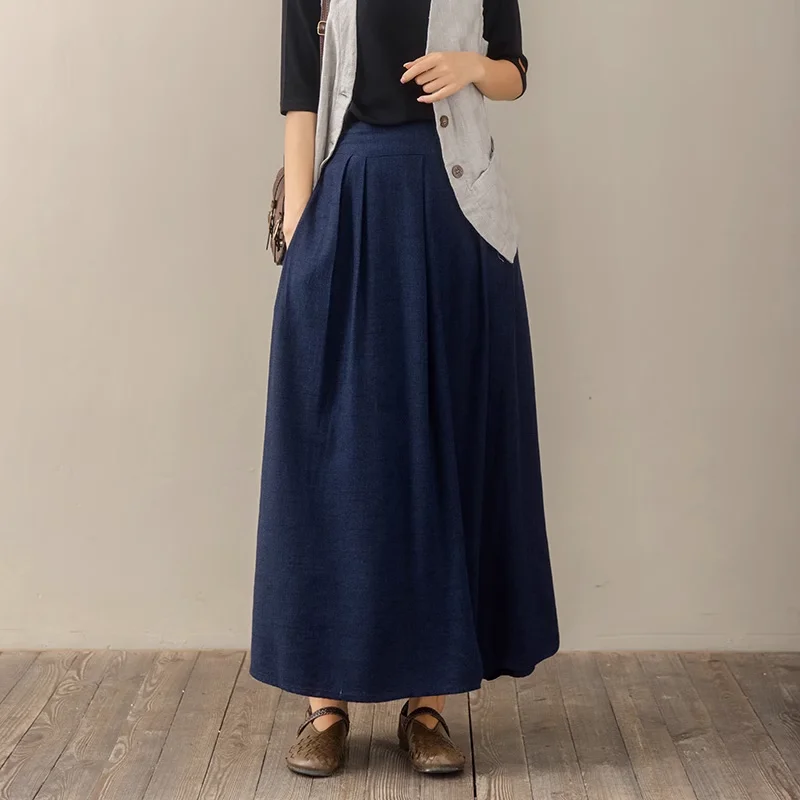 Free Shipping 2023 New Linen Fashion Long Maxi A-line Skirts For Women Elastic High Waist Spring Autumn Skirts Blue Brown Black free shipping new style handsome custom made one button blue groom tuxedos notch lapel best man groomsman men wedding suitswedd