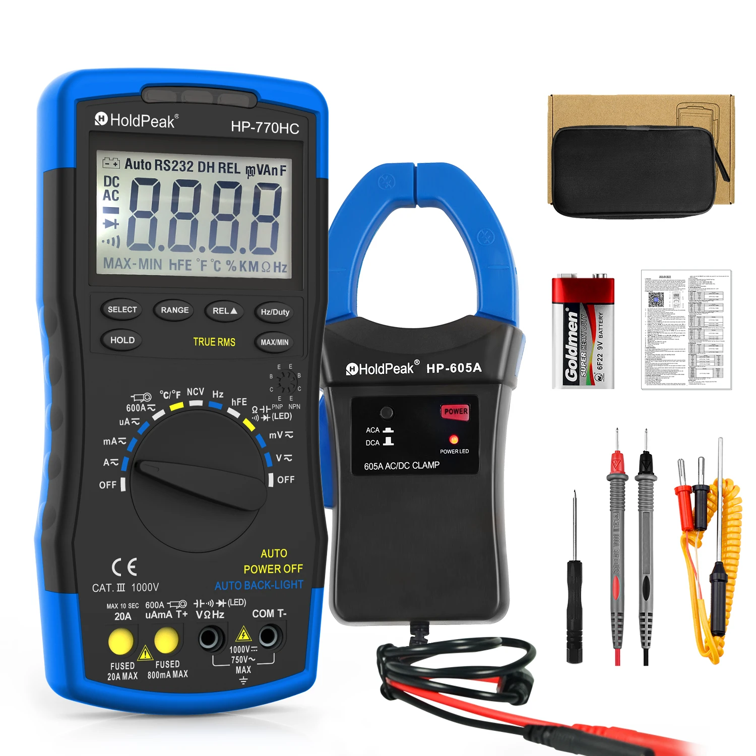 HoldPeak HP-770HC Digital Multimeter Tester True RMS Smart Autoranging Probe With NCV+HP-605A Clamp Adapter 600A  AC/DC Current 6
