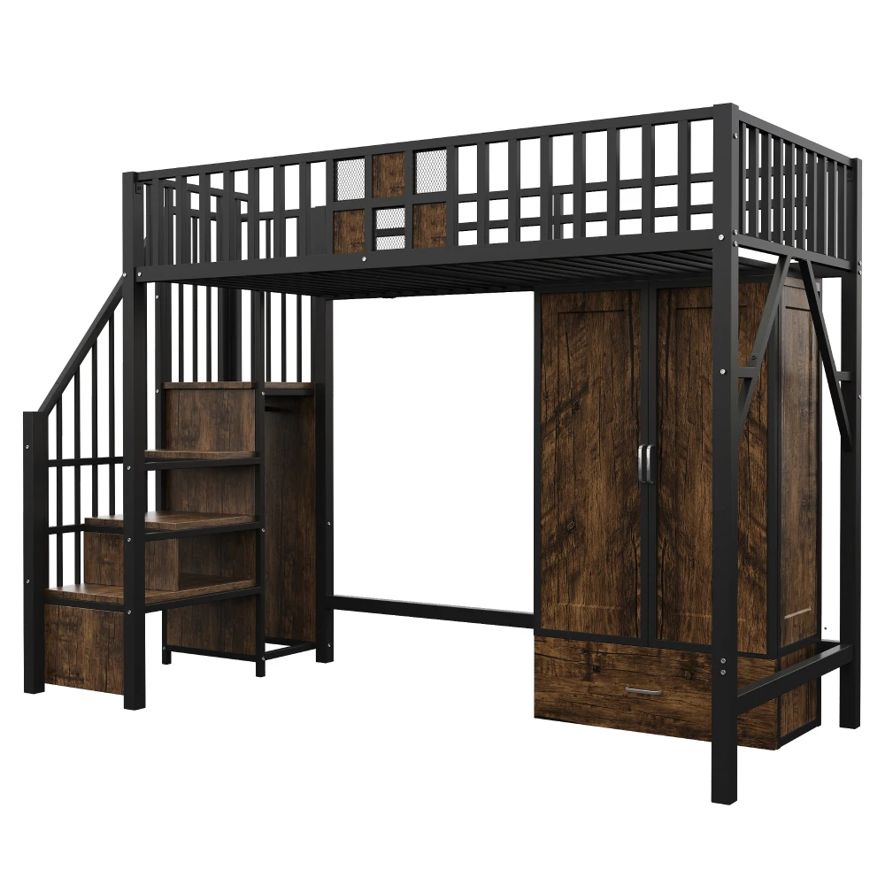 90 × 200 cm großes Kinderbett aus Metall, mit Geländer und großem Kleiderschrank, aus Holz und Metallgitter, mit Schubladen und Aufbewahrungsleiter – Detail 14