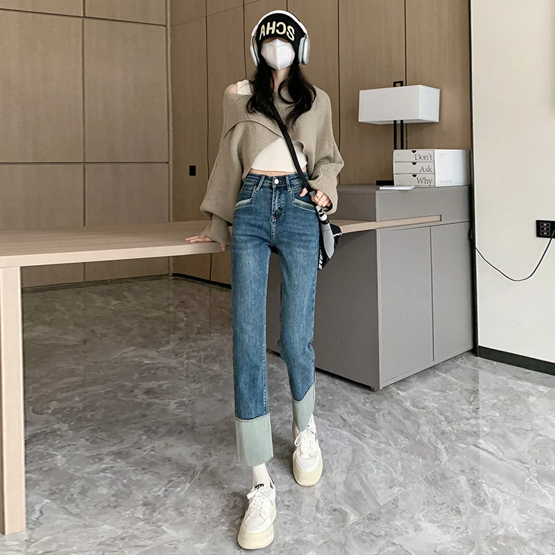 2023 Black Rolled-up Straight Jeans Women's High Waist Spring New Style Slim Cropped Pipe Pants Trendy Baggy STRAIGHT Fleece