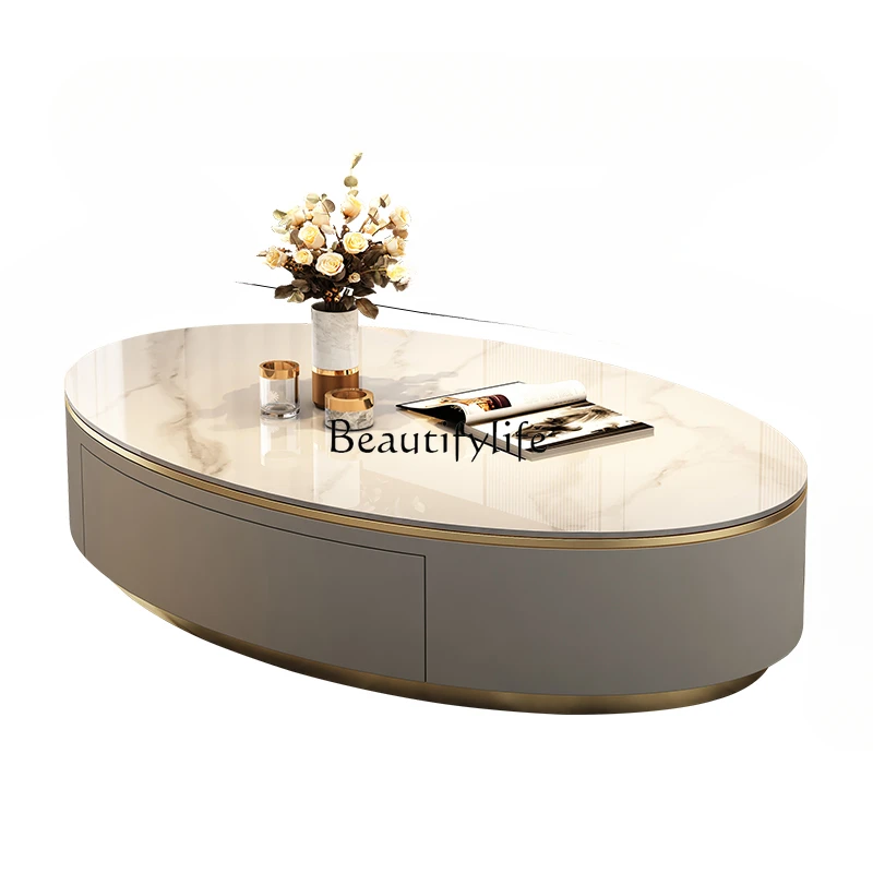 

Light Luxury Stone Plate Oval Coffee Table TV Cabinet Combination Living Room Small Apartment Modern Minimalist Tea Table