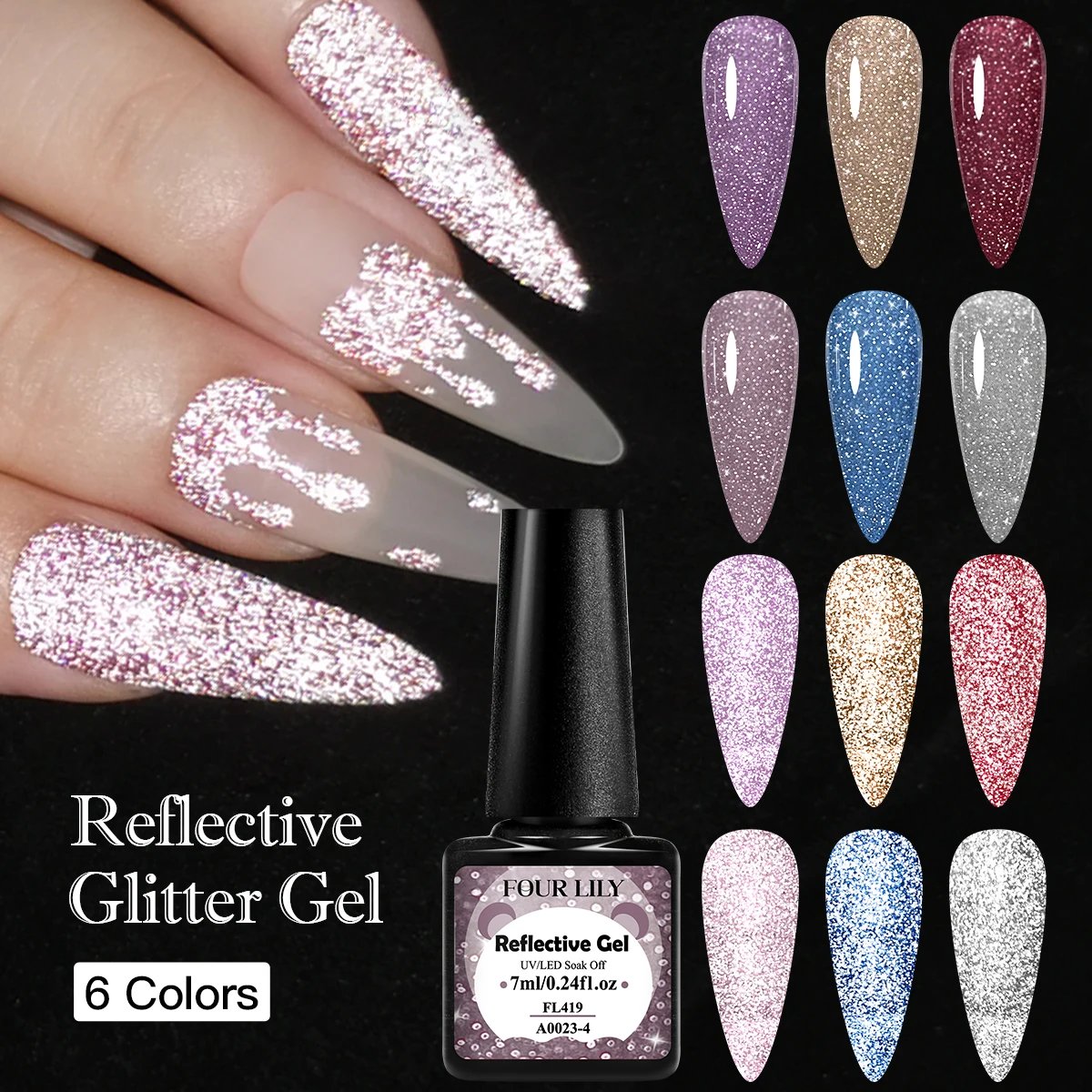 Description Picture 2 of itemFOUR LILY 7ml Reflective Glitter Gel Nail Polish Champaign Gold Silver Nail Art Semi Permanent UV LED Gel Varnish For Manicure