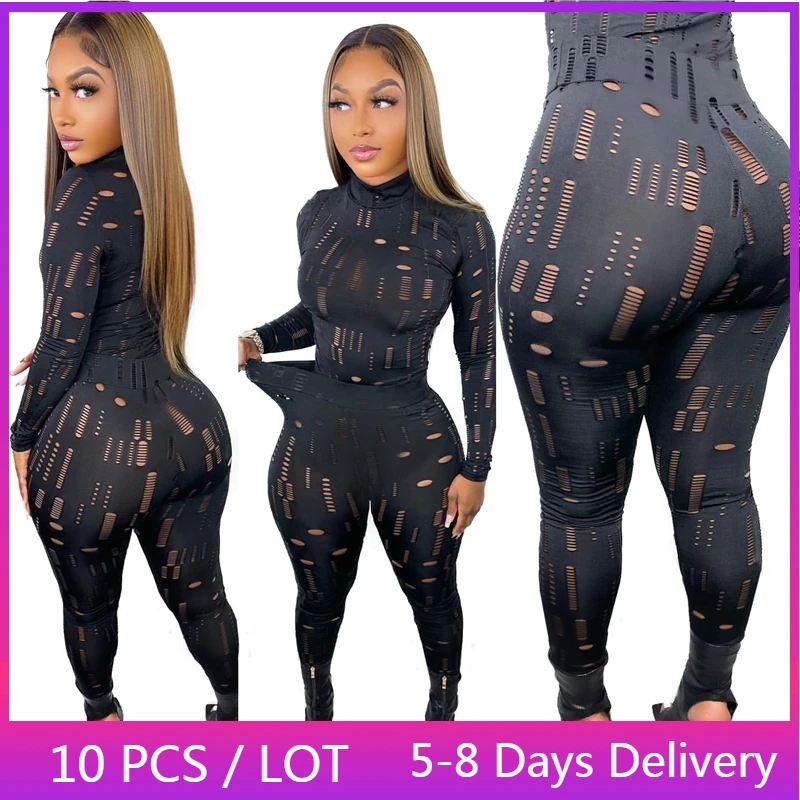 

Wholesale Items Ripped Sexy Two Piece Set Women Clothing Long Sleeve Top and Pants Set See-through Black Skinny Club Outfits