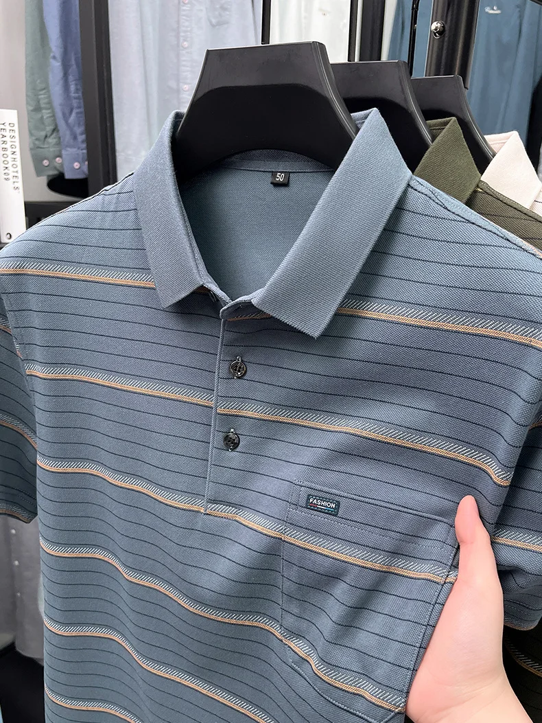 High quality stripe men short sleeve polo shirt light luxury pocket comfort breathable summer silky cotton casual lapel T-shirt 18 S8f99c760edb14ebba5730bb61298b988r