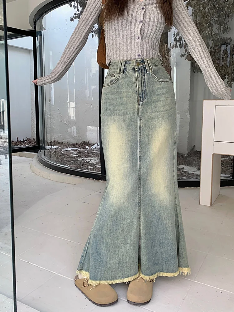 

Slergiri Vintage Washed Frayed Mermaid Hem Denim Long Skirts Women Y2k Korean Style High Waist Streetwear Jeans Skirt 2024