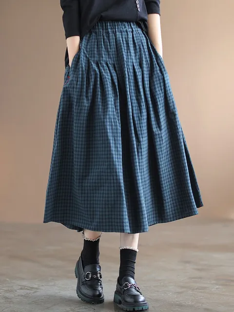 Women Cotton Linen Casual Skirts New Arrival 2022 Spring Vintage Style Plaid Print High Waist Female A-line Long Skirt B1652 1