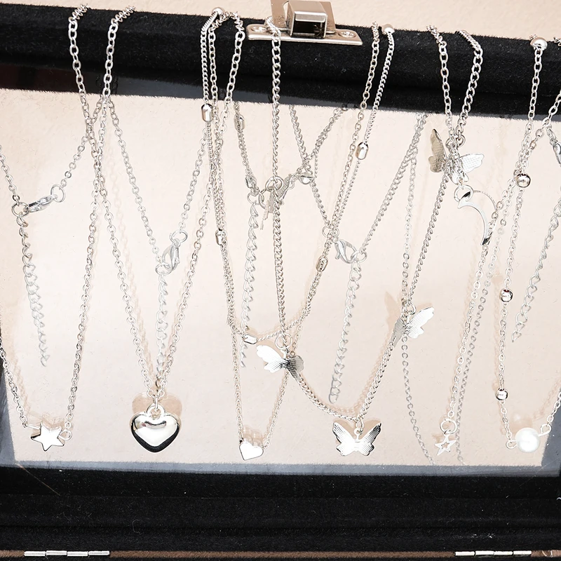 51 Pcs Set Silver Color Chic Jewelry Butterfly Heart Pearl Necklaces,...
