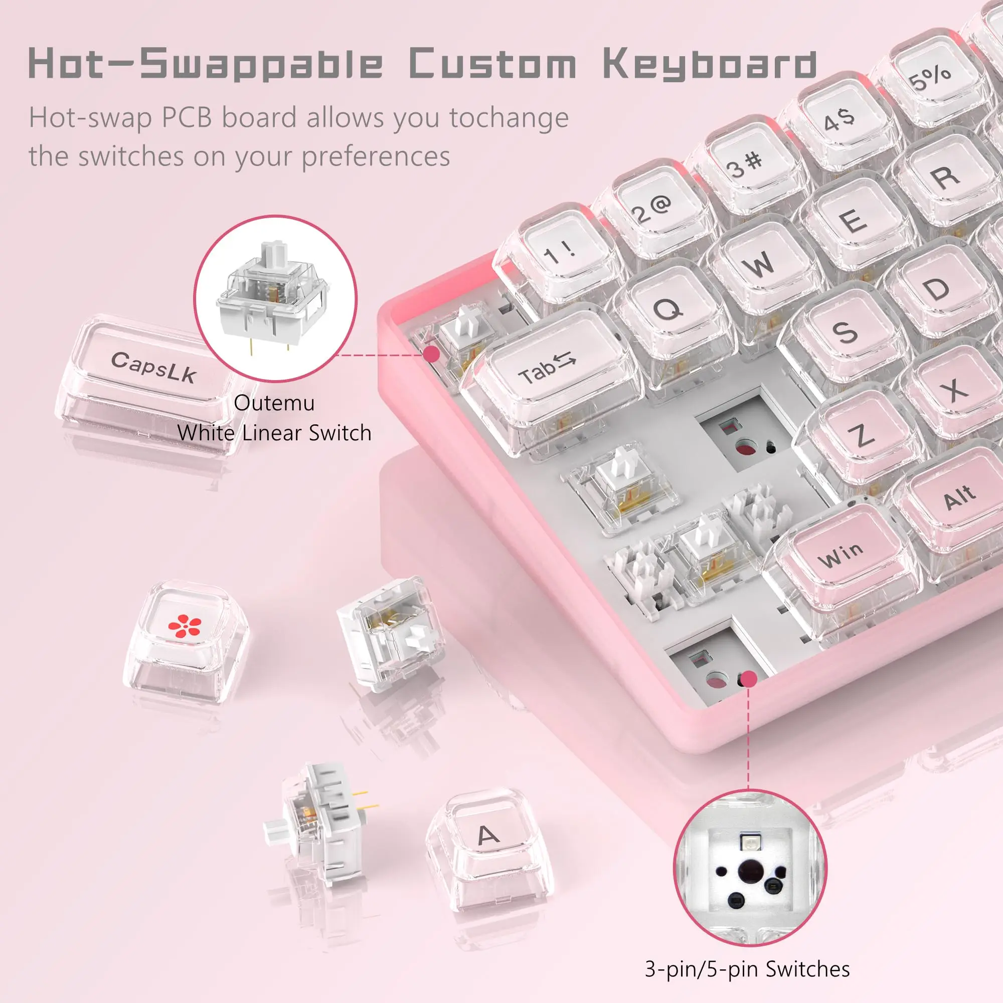 Teclado Rosa Rgb Fio Gaming Teclado Mecânico Pudim Pbt Keycap Interruptor Vermelho 60 Wk68-hot-swappable - Imagem 2