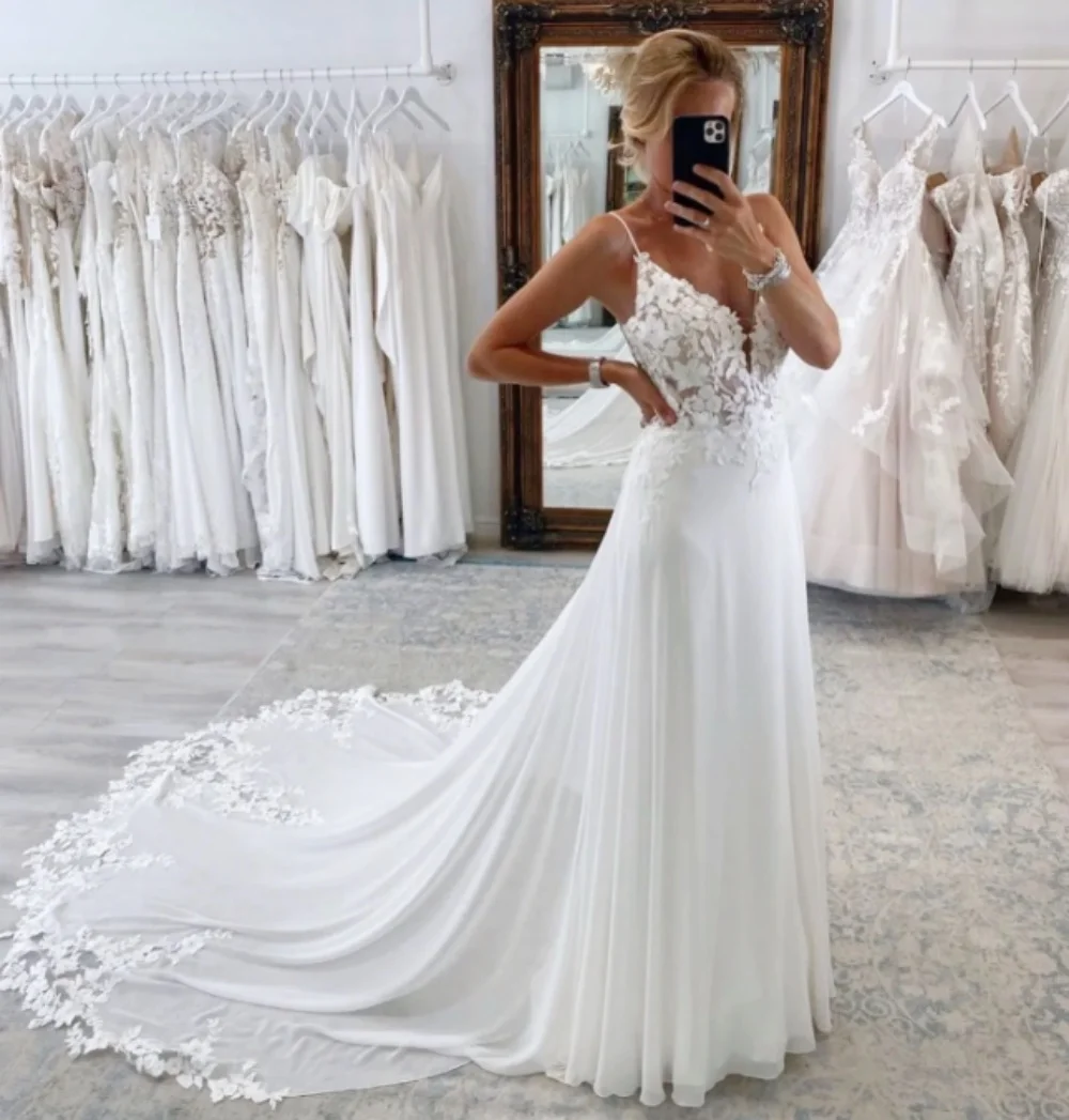 

New Beach Wedding Dress Women Sweethear Neck Lace Appliques A-Line Chiffon Sweep Train Vestidos de novia 2024 Bridal Gown