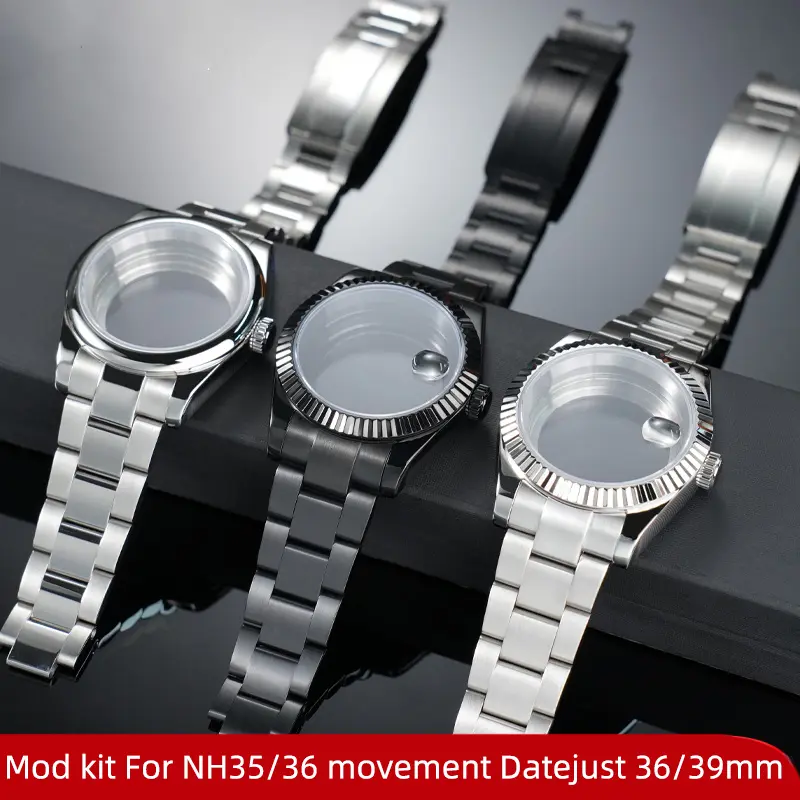 For Datejust Oyster Watch Case 36mm 39mm Stainless Steel Bracelet Strap Black silver Bezel Glass NH35 NH36 Movement Accessories - Image 3
