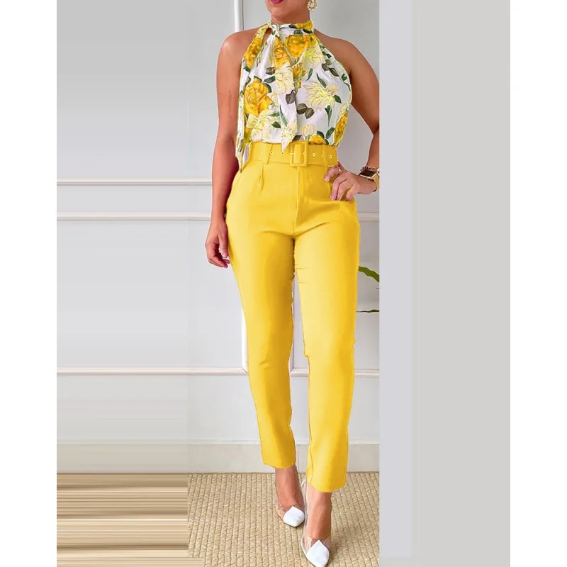 

Women Suit Sleeveless Halter Round Neck Print Top Solid Color High Waist Belt Pants Set Two Piece Set Office Women's Wear Summer