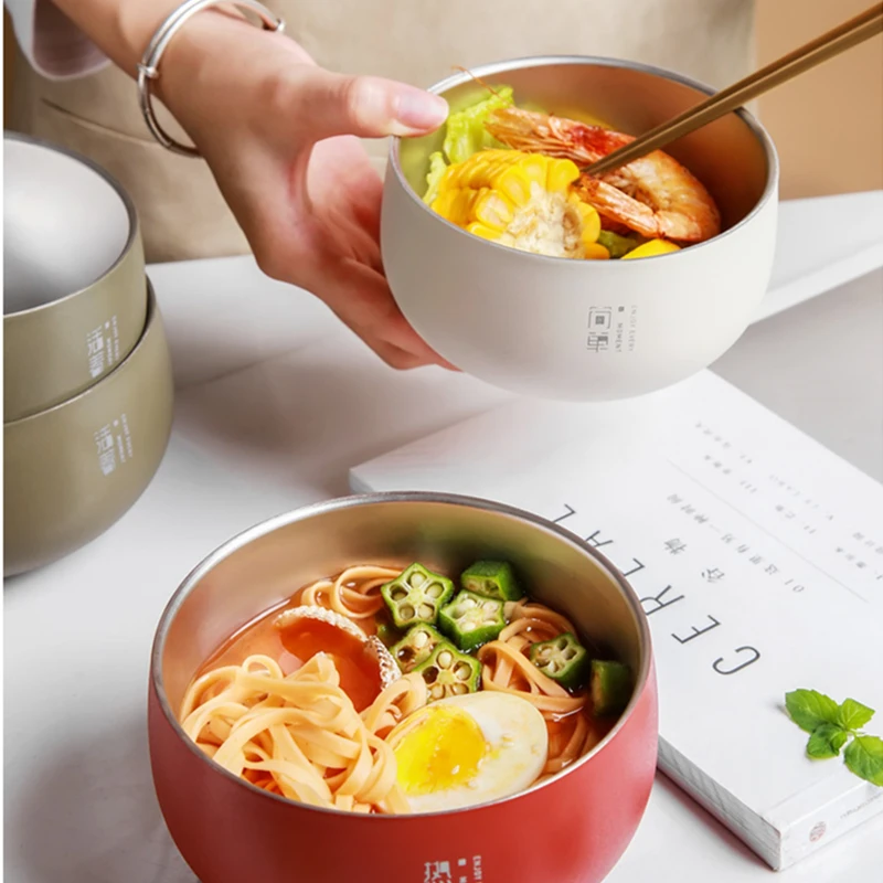 일본식 스테인레스 스틸 더블 레이어 밥 그릇, 저녁 식사 용기, 과일 라멘 국수, 화상 방지 식기