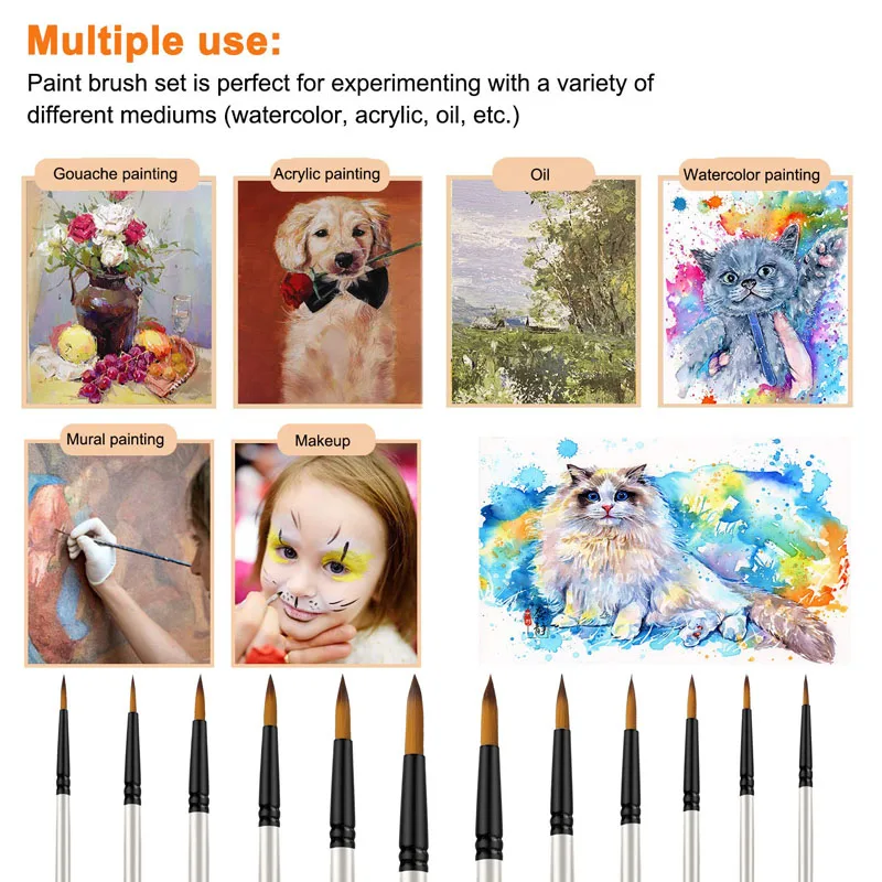 12pcs Premium Round Point Paint Brushes Set Soft Nylon Tips Paintbrush For Watercolor Oil Acrylic Face Body Crafts Rock Painting 6