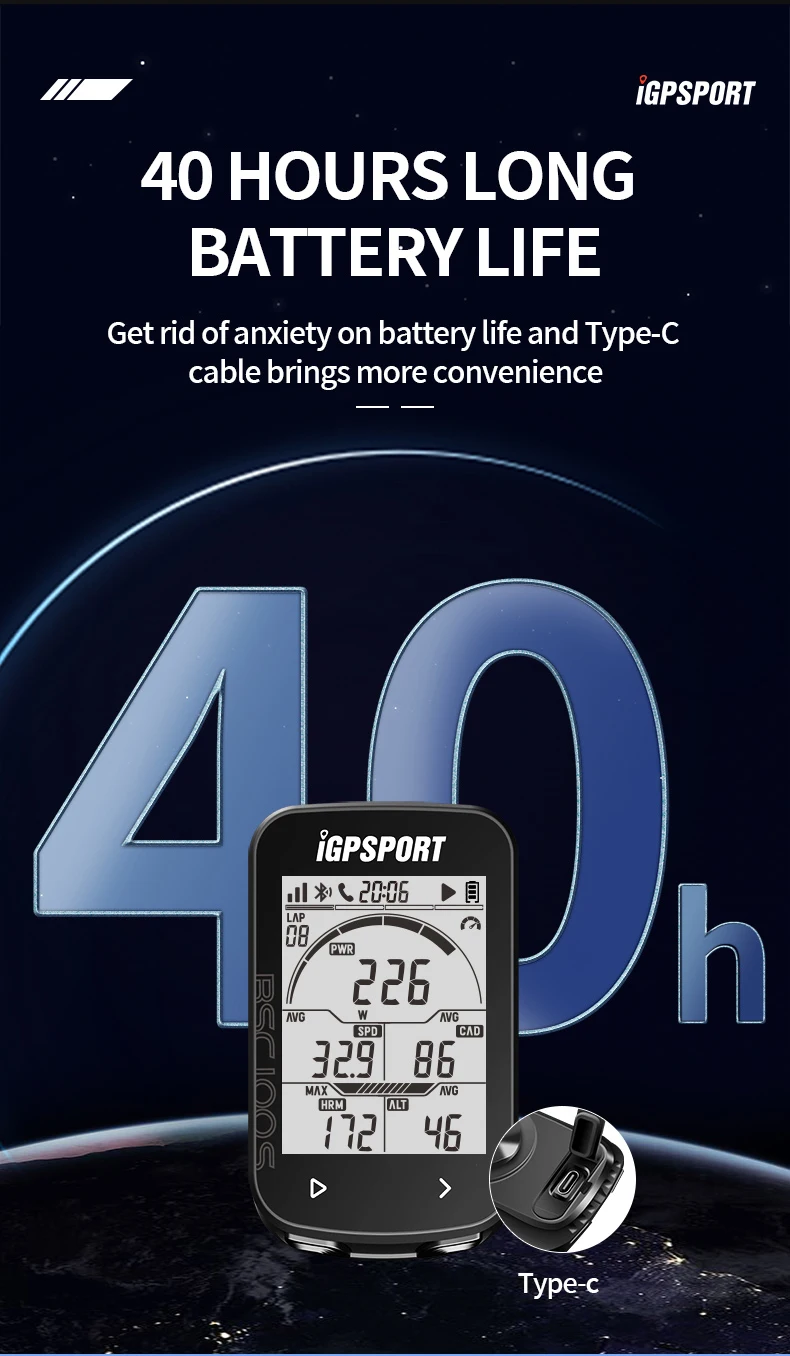 BCS100S Bike Computer BLE ANT+ 2.6 Inch IPX7 Type-C 40H Battery Life Auto Backli