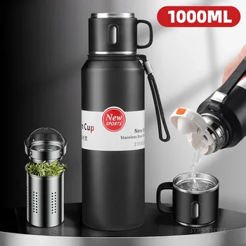 Bouteille isotherme à café en acier inoxydable de grande capacité avec filtre à thé, flacons de voyage, tasse, garde au chaud et au froid, 1L, 1500ml 1