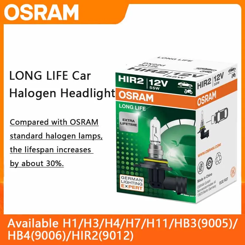 오스람 롱 라이프 HIR2 9012 할로겐 전구 PX22d 12V 55W 3200K 화이트 자동차 헤드라이트 DRL 주간 주행등
