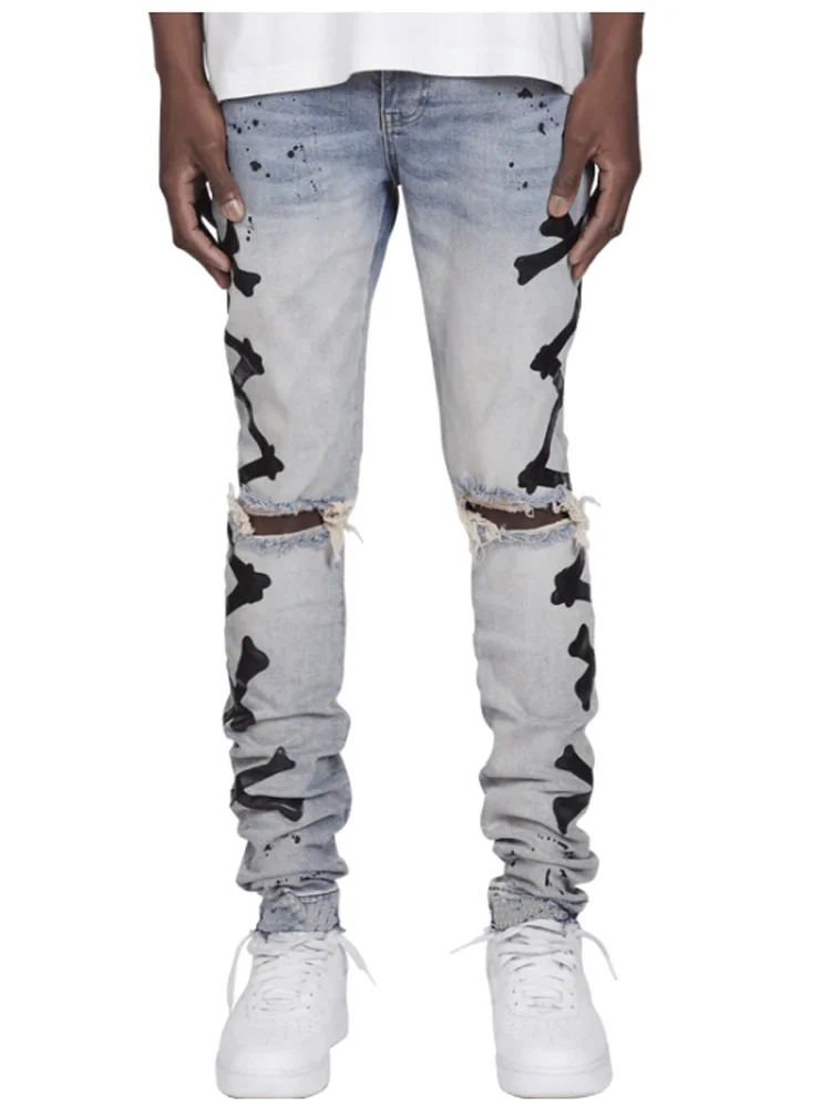 Jeans For Men 2023 Gradient Color Ripped White Dots Jeans Male Motor Biker Skinny Jeans Homme Men's Clothing Zipper Denim Pants jeans for men 2020 gradient color ripped white dots jeans male motor biker skinny jeans homme men s clothing zipper denim pants