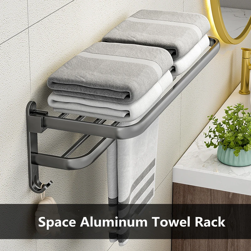 

Space Aluminum Towel Rack Gray Bathroom Movable Holder No Drilling Towel Rail Holder With Hooks Wall Mount Shelf Shower Hanger