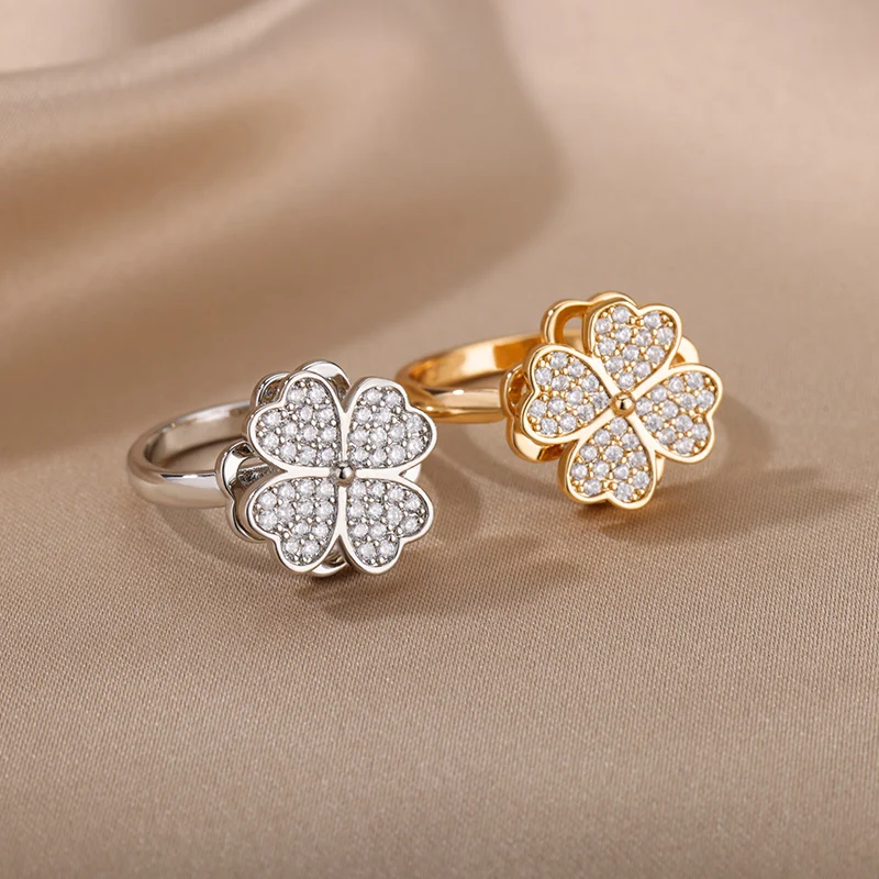 Zircon Rotatable Four Leaf Clover Anxiety Rings For Women Anti-Stress