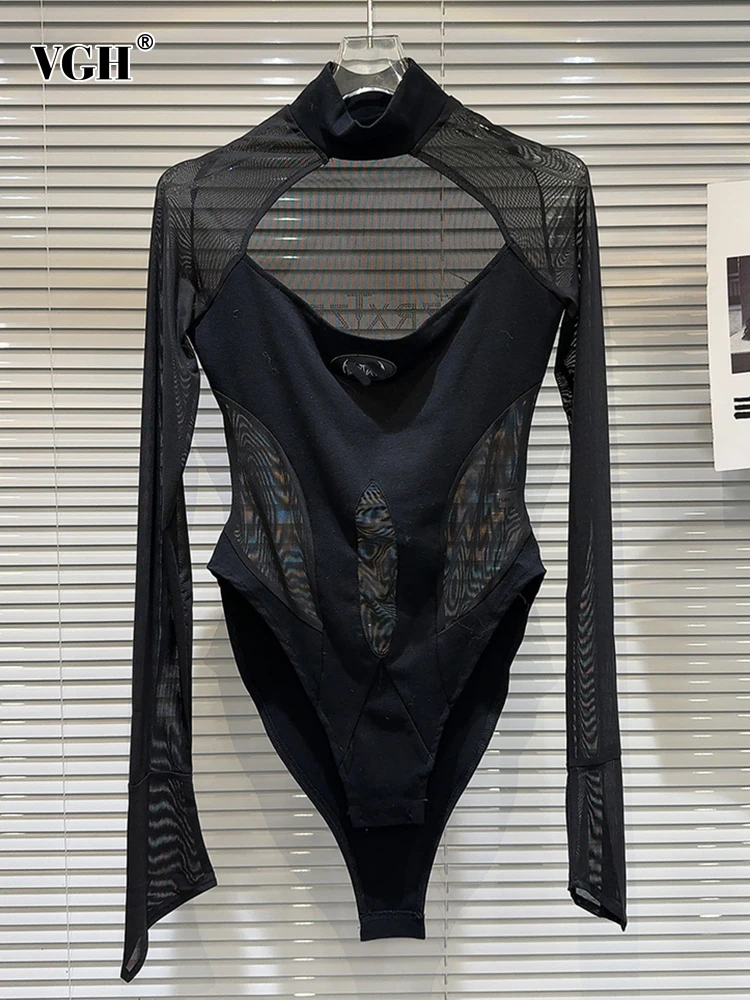 

VGH Solid Patchwork Sheer Mesh Sexy Bodysuits For Women Stand Collar Long Sleeve High Waist Hollow Out Slimming Bodysuit Female