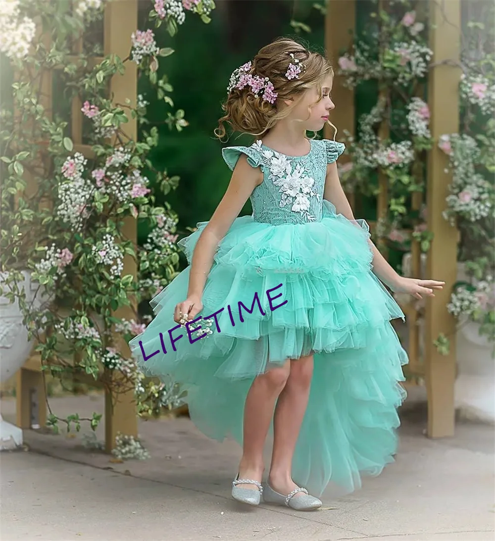 

Formal Lolita Flower Girl Dresses Light Blue Ball Gown Kids First Communion Party Wedding Princess With Train Gown