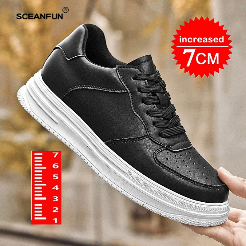 Men casual sneakers elevator shoes fashion White genuine leather 7cm height increasing board man sports height shoes designer 5
