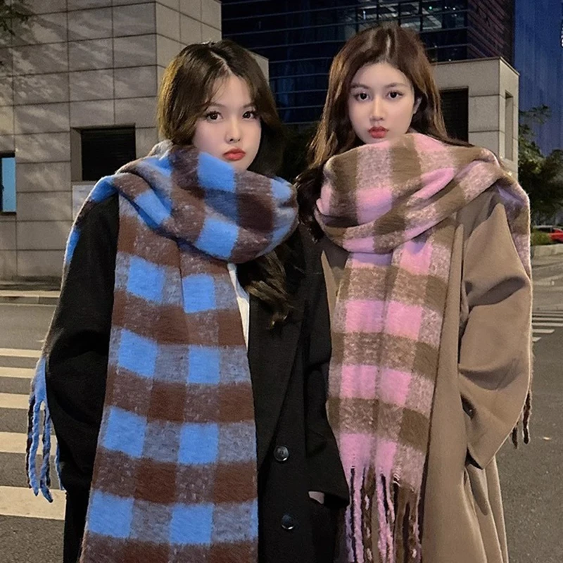 Plaid Scarf Checkerboard Soft Scarfs Women's Winter Warm Dual Use Long Shawl Vintage Thickened Scarves 5
