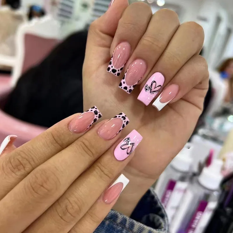 

3D fake nails set faux ongles short square tips pink heart Milk streaks designs DIY manicure acessories press on false nail art