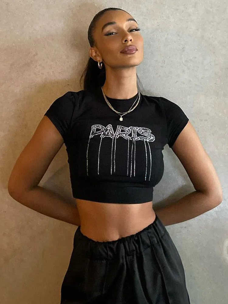 

InstaHot Summer Y2K Fashion Letter Print Crop Tops Women Round Neck Short Sleeve T Shirt Slim Streetwear Female Clothing 2023
