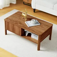 Mid-Century Modern Rectangular Wood Coffee Table with Dual Storage Shelf, Storage Center Coffee Tables with Waveform Panel 1