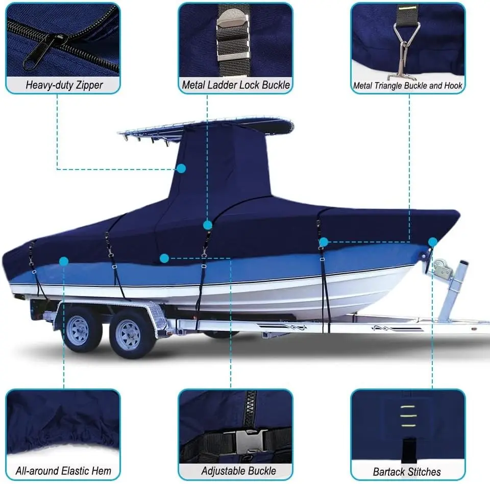 Marine Grade Fade and Tear Resistant Trailerable T-Top Boat Cover，Heavy-Duty Waterproof and UV-Proof Boat Storage Cove