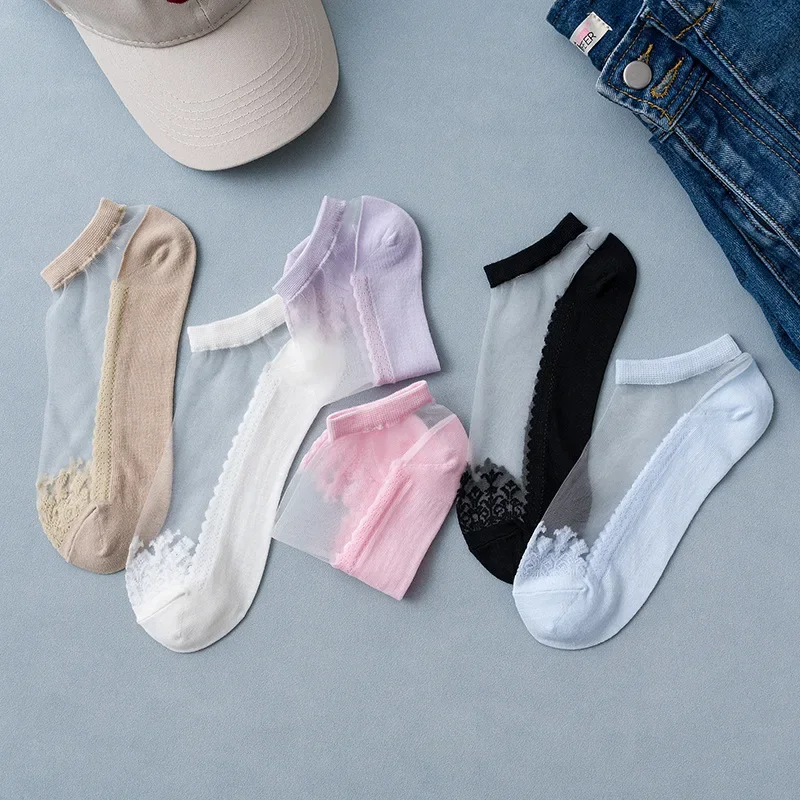 

Women Socks Summer New Flower Lace Ankle Socks Soft Silk Thin Transparent Socks Solid Cute Socks