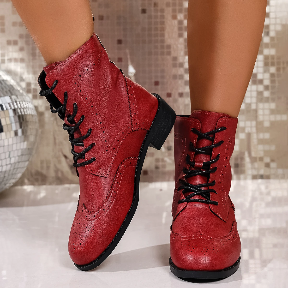 Aphixta Fretwork Leather Upper Classic Women Ankle Boots 3.5cm Med Heel Autumn Winter Woman Shoes Cross-tied Short Boots Shoes