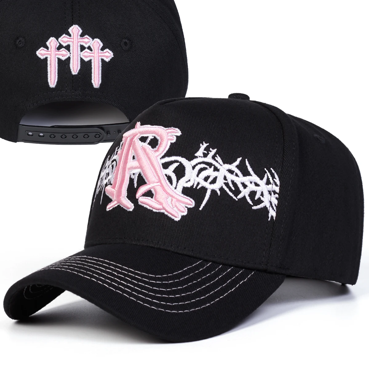 Unisex R-Kreuz-Stickerei-Baseballkappen für Frühling und Herbst, verstellbare Freizeitmützen für draußen, Sonnenschutzhüte, Sportkappen – Detail 2
